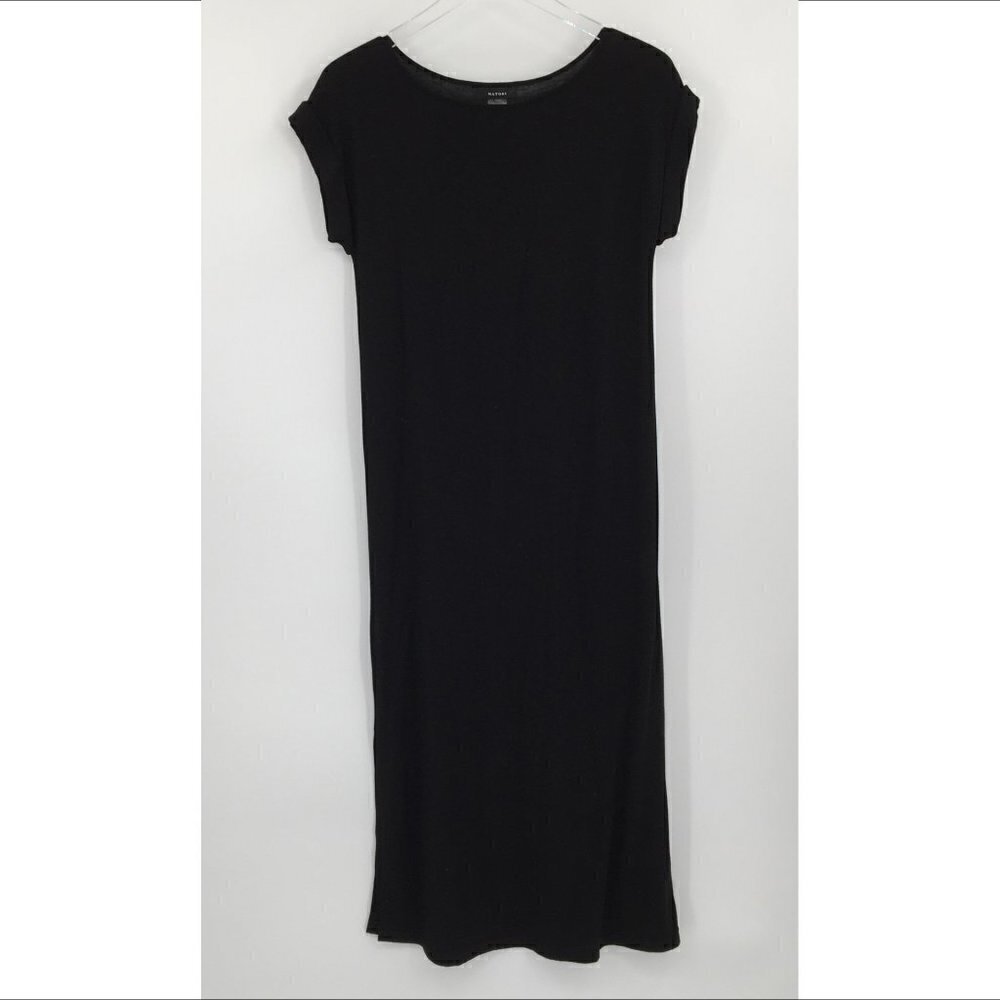 Natori black knit jersey casual midi dress cap rolled sleeves woman Small S